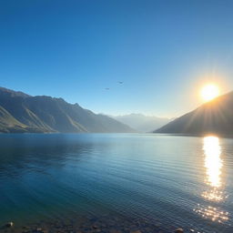 A beautiful landscape featuring a serene lake surrounded by mountains with a clear blue sky above