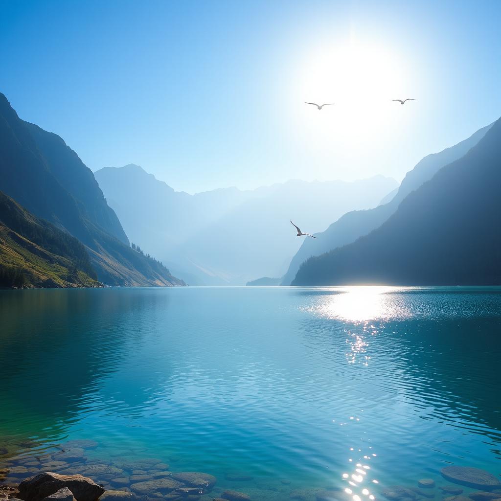 A beautiful landscape featuring a serene lake surrounded by mountains with a clear blue sky above