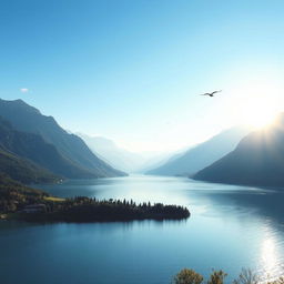 A beautiful landscape featuring a serene lake surrounded by mountains with a clear blue sky above