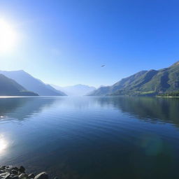 A beautiful landscape featuring a serene lake surrounded by mountains with a clear blue sky above