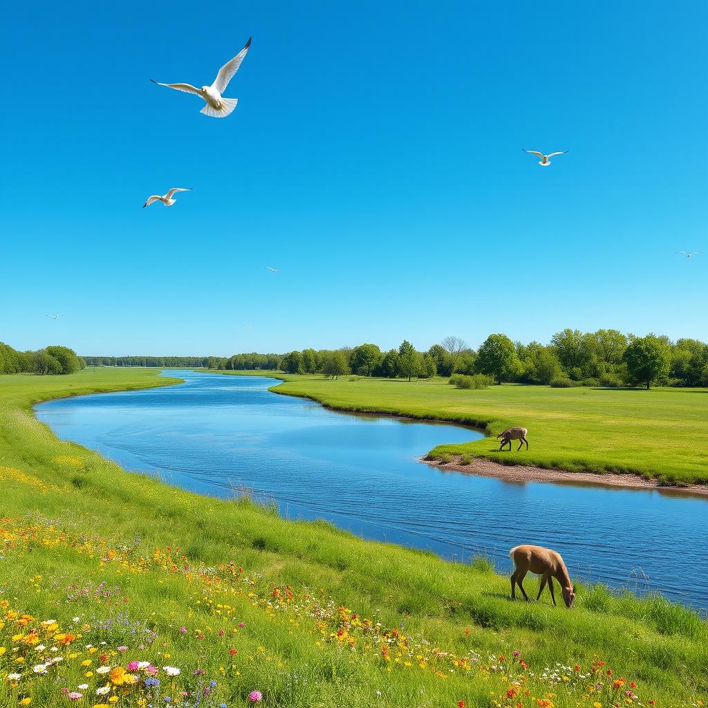 A serene landscape featuring a clear blue sky, a gently flowing river, and a lush green meadow with colorful flowers