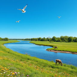 A serene landscape featuring a clear blue sky, a gently flowing river, and a lush green meadow with colorful flowers