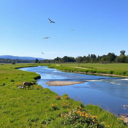 A serene landscape featuring a clear blue sky, a gently flowing river, and a lush green meadow with colorful flowers