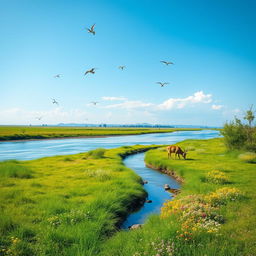 A serene landscape featuring a clear blue sky, a gently flowing river, and a lush green meadow with colorful flowers