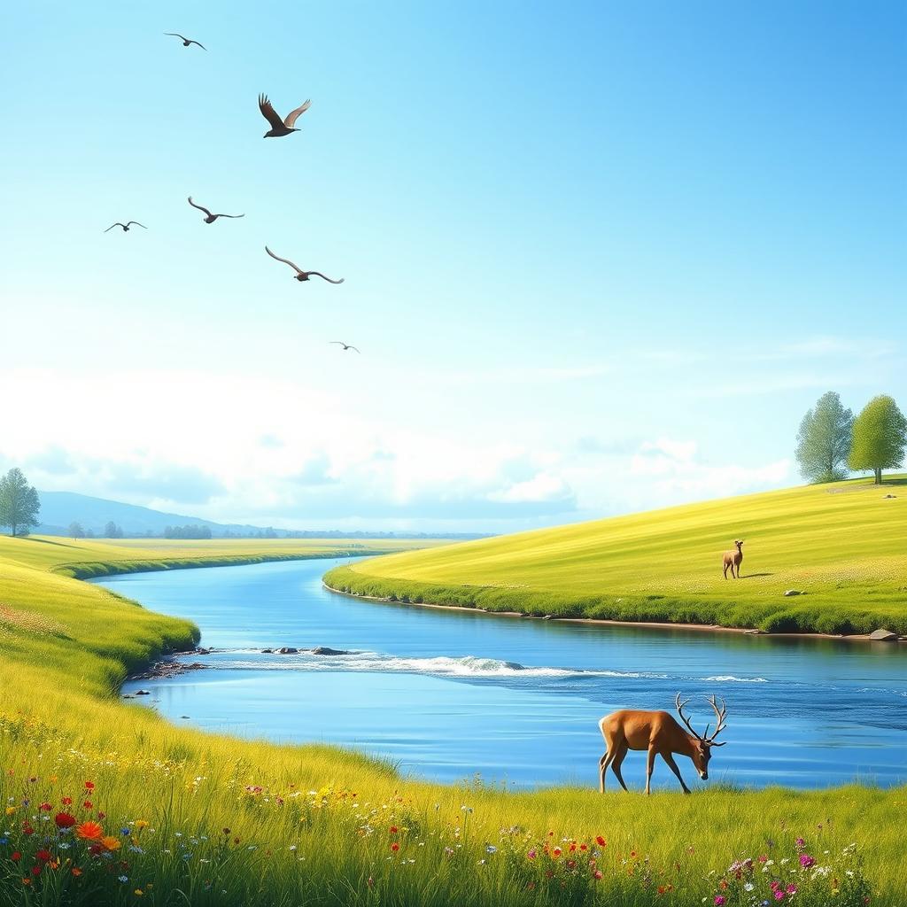 A serene landscape featuring a clear blue sky, a gently flowing river, and a lush green meadow with colorful flowers