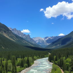 A beautiful landscape with mountains, a river flowing through a forest, and a clear blue sky with a few fluffy clouds