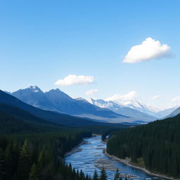 A beautiful landscape with mountains, a river flowing through a forest, and a clear blue sky with a few fluffy clouds