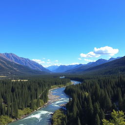 A beautiful landscape with mountains, a river flowing through a forest, and a clear blue sky with a few fluffy clouds