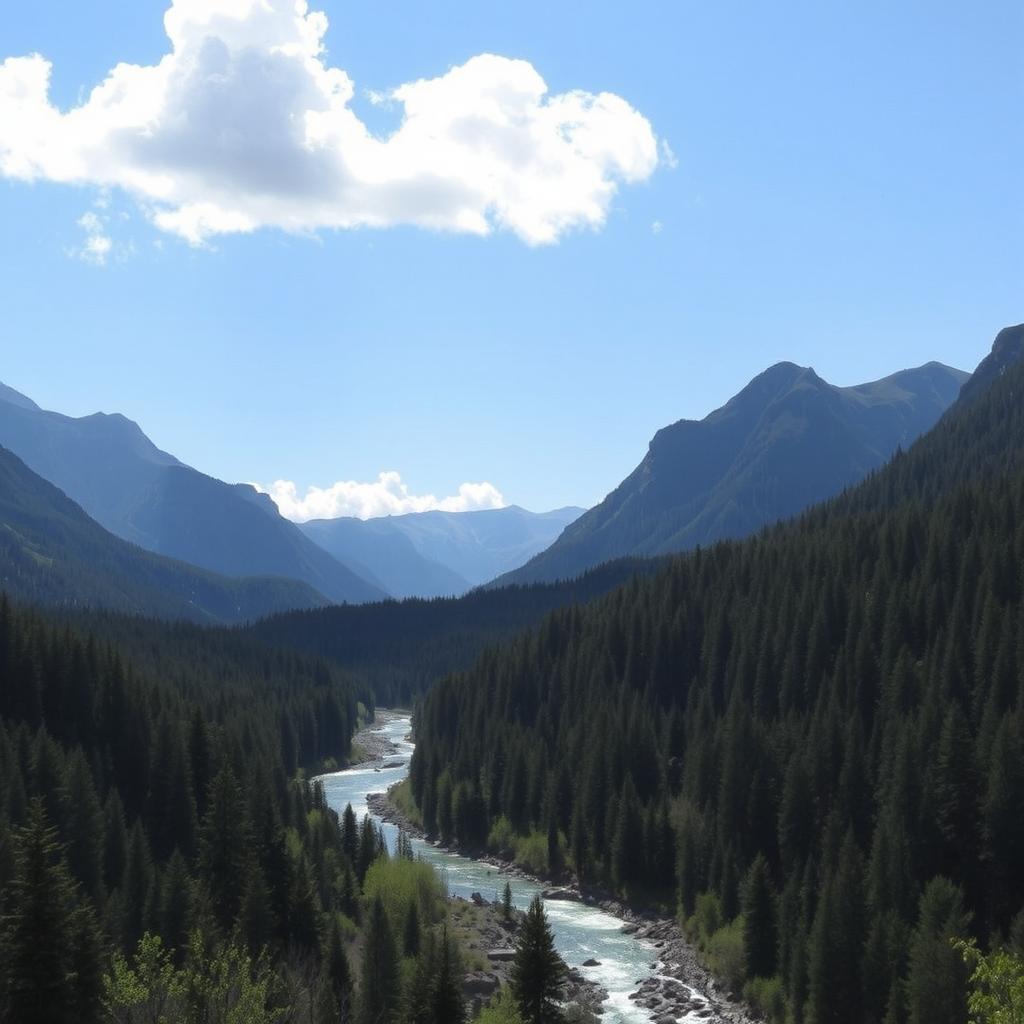 A beautiful landscape with mountains, a river flowing through a forest, and a clear blue sky with a few fluffy clouds