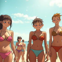 A scene featuring characters wearing tiny bikinis and appearing sweaty