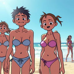 A scene featuring characters wearing tiny bikinis and appearing sweaty