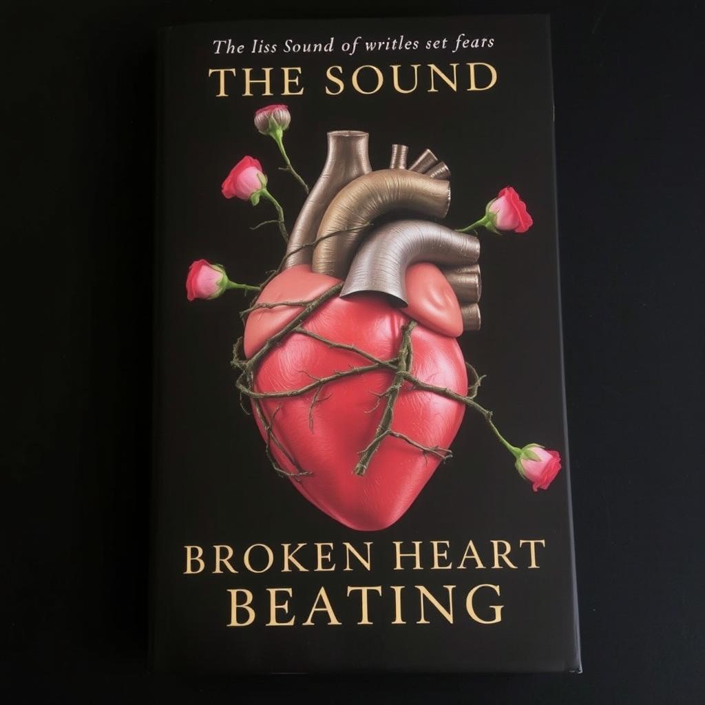 A book cover with a black background featuring an anatomically correct heart wrapped in a thorny vine with roses coming off