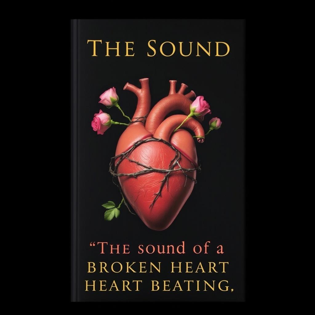 A book cover with a black background featuring an anatomically correct heart wrapped in a thorny vine with roses coming off