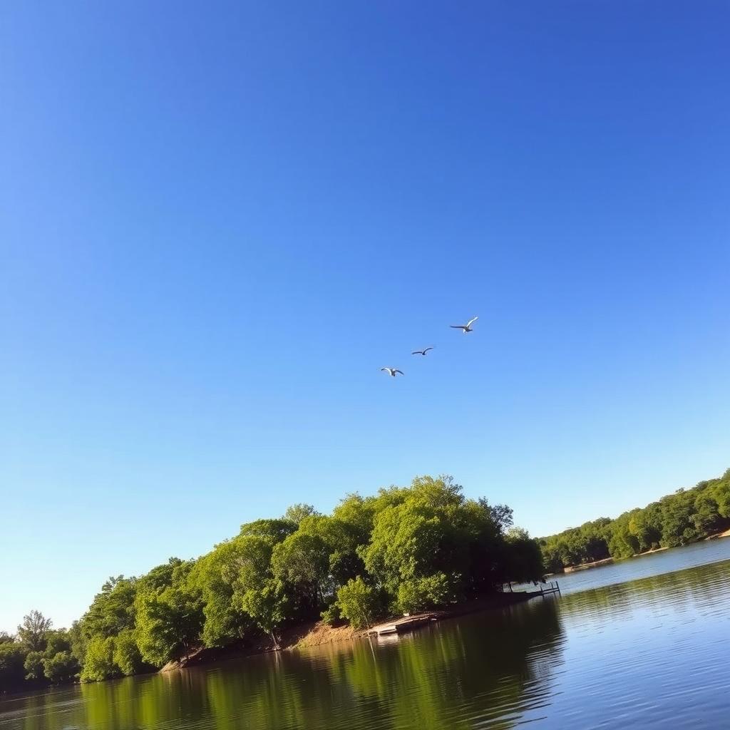 A serene landscape featuring a clear blue sky, a calm lake reflecting the sky, and lush green trees surrounding the lake