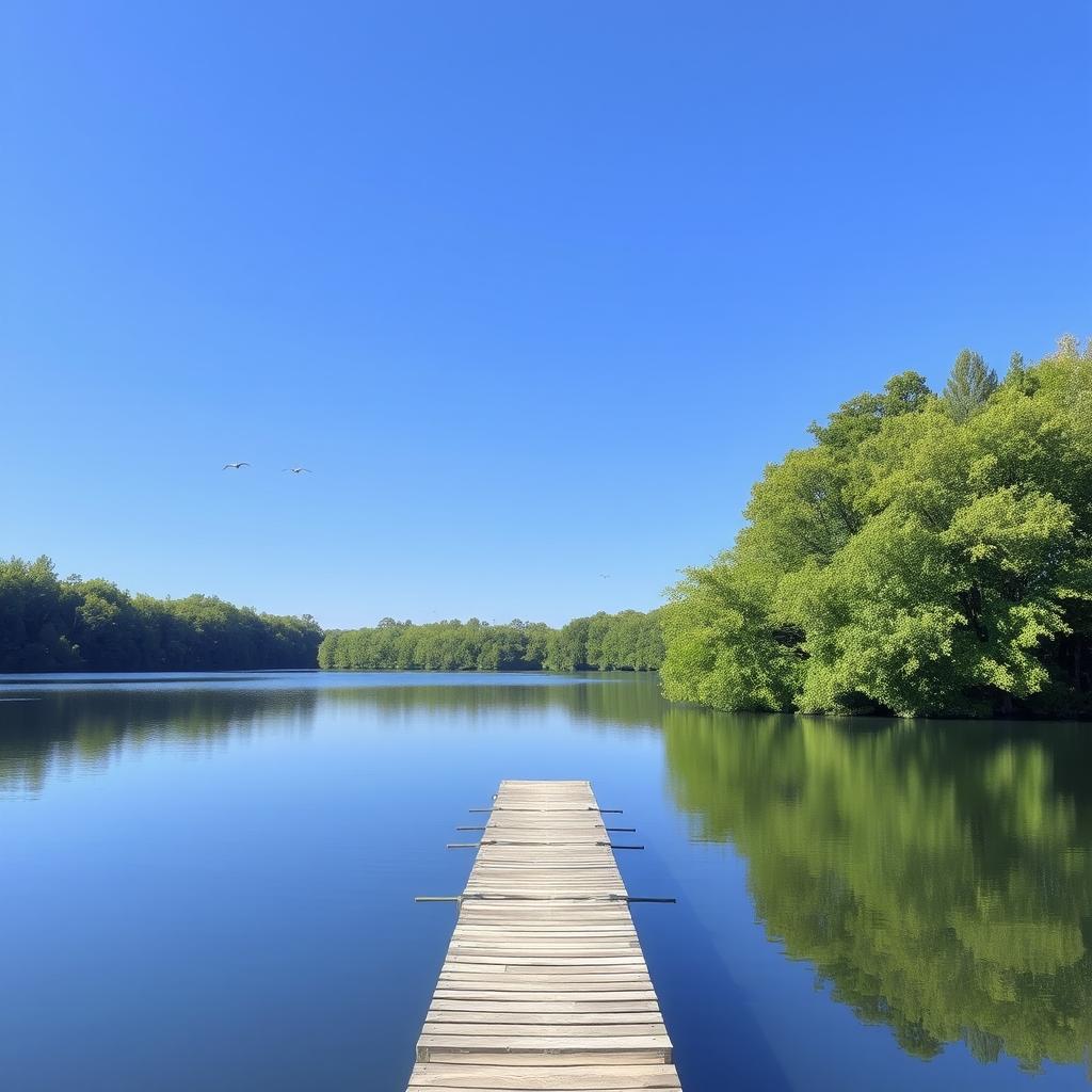 A serene landscape featuring a clear blue sky, a calm lake reflecting the sky, and lush green trees surrounding the lake