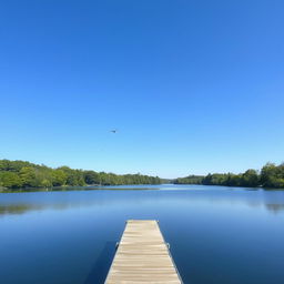 A serene landscape featuring a clear blue sky, a calm lake reflecting the sky, and lush green trees surrounding the lake