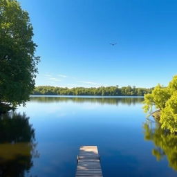 A serene landscape featuring a clear blue sky, a calm lake reflecting the sky, and lush green trees surrounding the lake