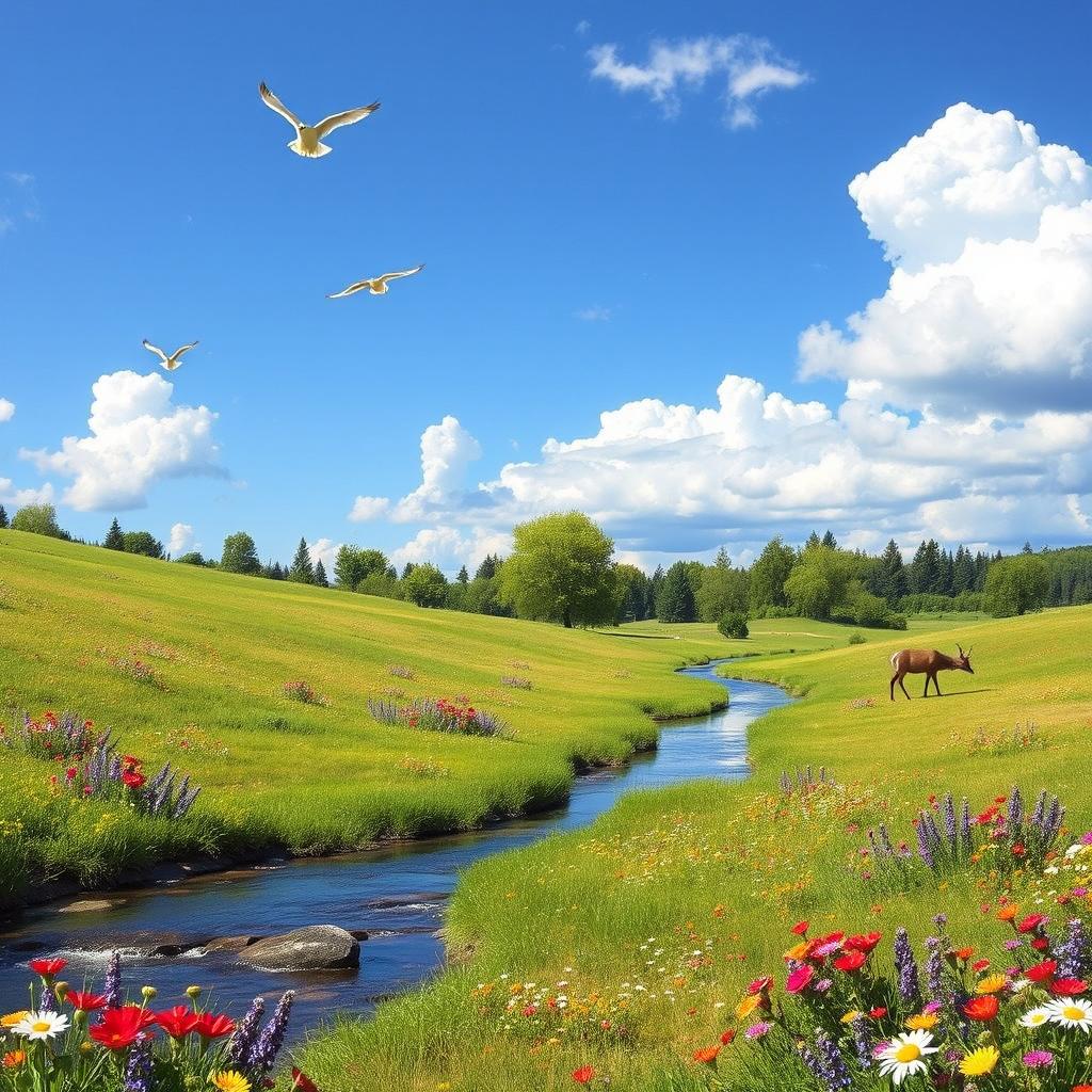 A serene landscape featuring a peaceful meadow with colorful flowers, a gentle stream flowing through it, and a bright blue sky with fluffy white clouds