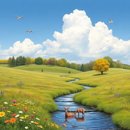 A serene landscape featuring a peaceful meadow with colorful flowers, a gentle stream flowing through it, and a bright blue sky with fluffy white clouds