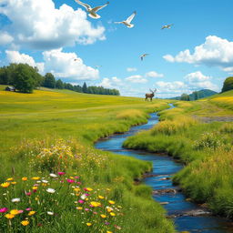 A serene landscape featuring a peaceful meadow with colorful flowers, a gentle stream flowing through it, and a bright blue sky with fluffy white clouds