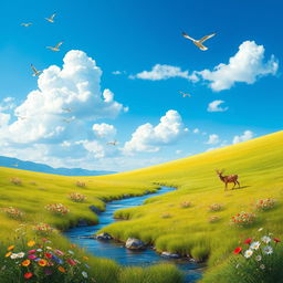 A serene landscape featuring a peaceful meadow with colorful flowers, a gentle stream flowing through it, and a bright blue sky with fluffy white clouds