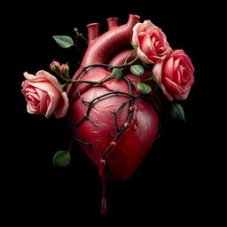 An anatomically correct heart wrapped in a thorny vine with roses coming off, with blood dripping down