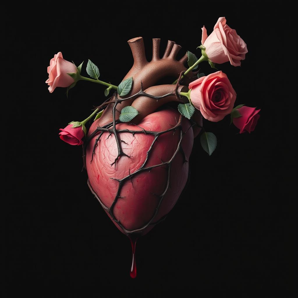 An anatomically correct heart wrapped in a thorny vine with roses coming off, with blood dripping down