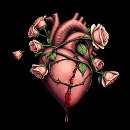 An anatomically correct heart wrapped in a thorny vine with roses coming off, with blood dripping down