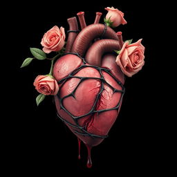 An anatomically correct heart wrapped in a thorny vine with roses coming off, with blood dripping down