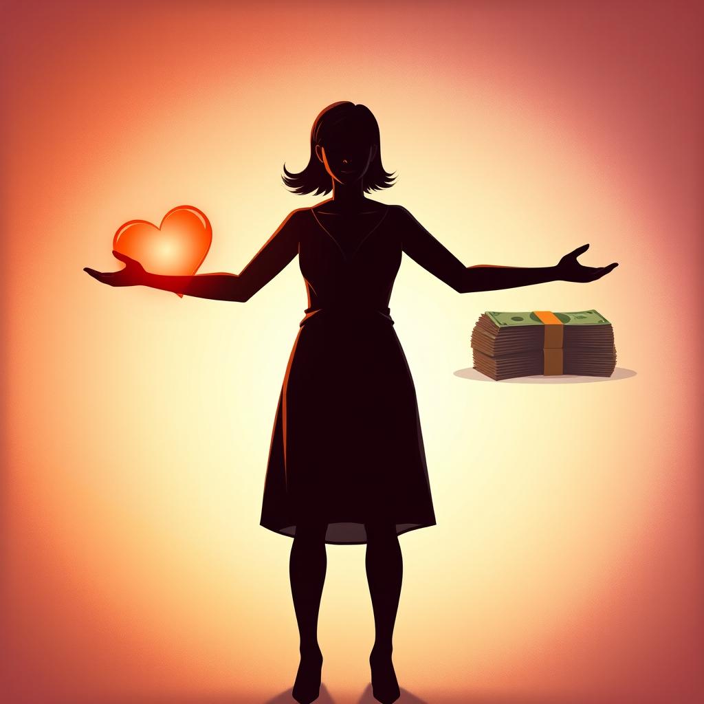 A dramatic illustration of a woman in silhouette, standing with her arms outstretched, as if torn between two choices