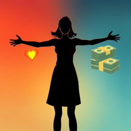 A dramatic illustration of a woman in silhouette, standing with her arms outstretched, as if torn between two choices