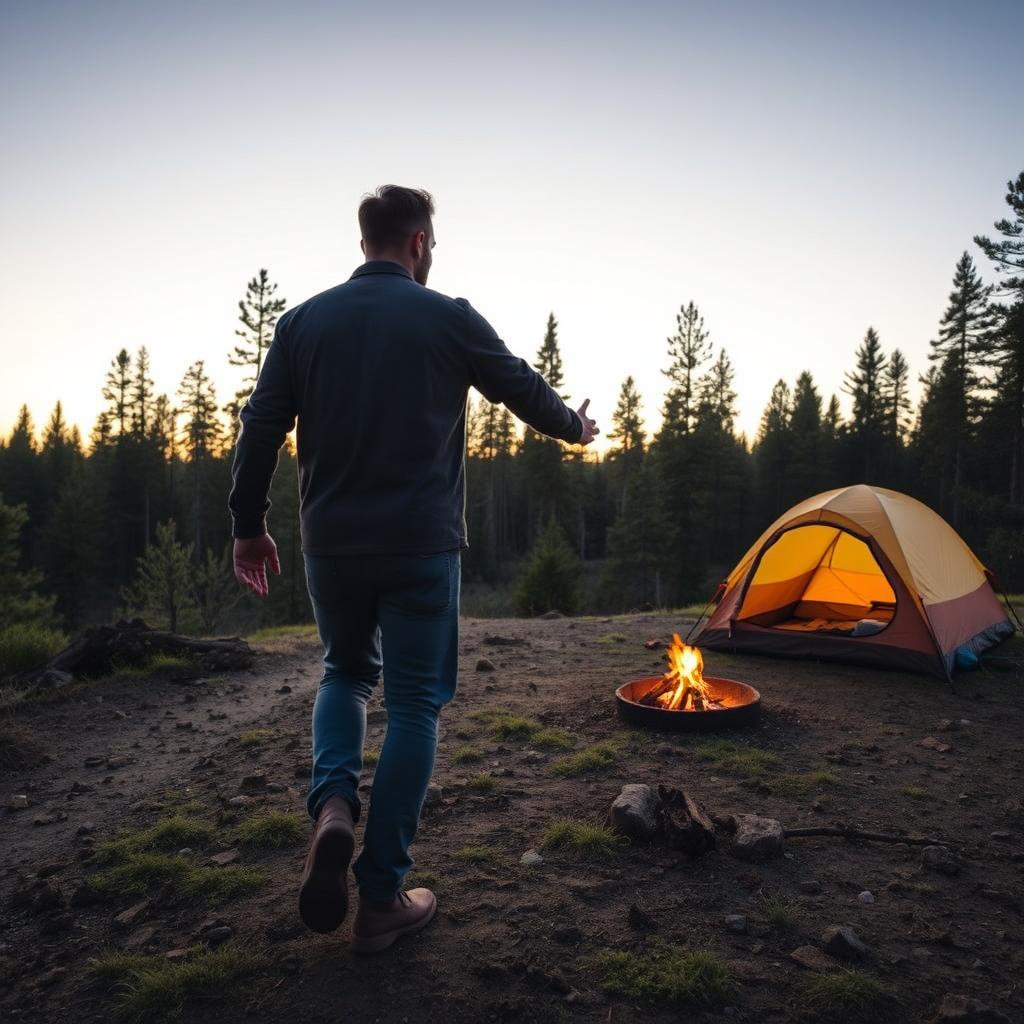 A man is walking towards a campsite, reaching out his hand to his best friend