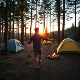 A man is walking towards a campsite, reaching out his hand to his best friend