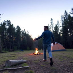 A man is walking towards a campsite, reaching out his hand to his best friend