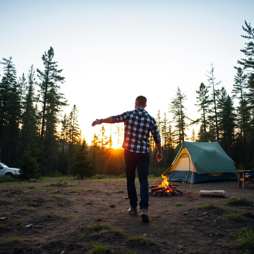 A man is walking towards a campsite, reaching out his hand to his best friend