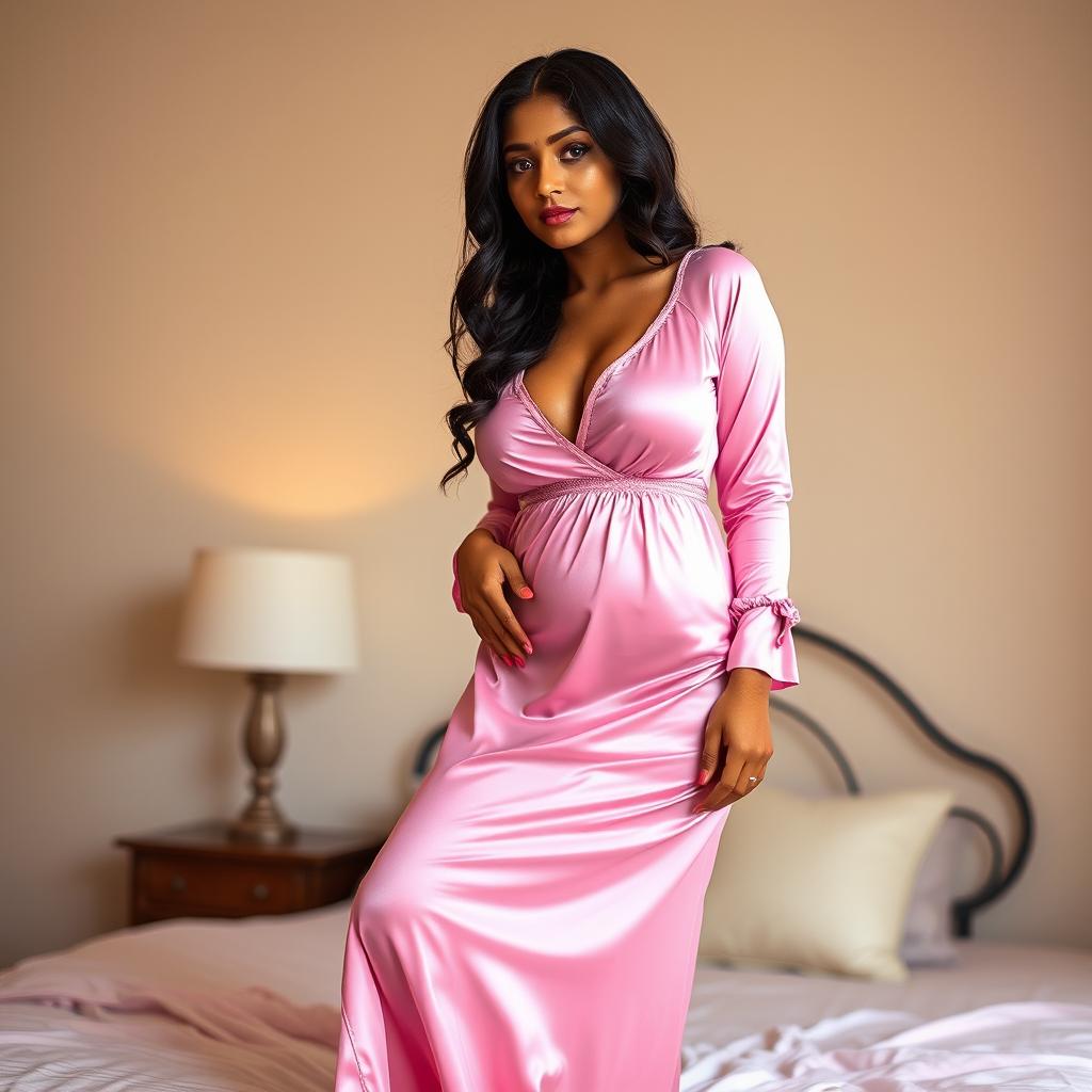 A beautiful Indian woman with a fuller figure, wearing a tight long satin pink nightgown, standing in a bedroom