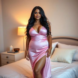 A beautiful Indian woman with a fuller figure, wearing a tight long satin pink nightgown, standing in a bedroom