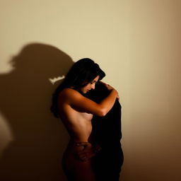 A couple making love, their bodies intertwined with a shadow cast on the wall behind them