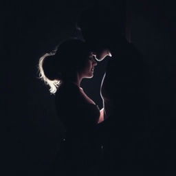 A couple making love in a darkened room, their forms barely visible in the dim light