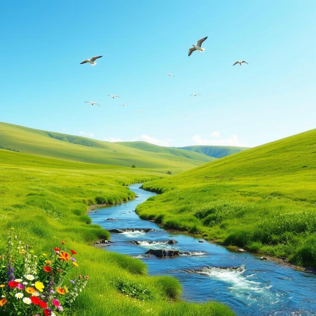 A serene landscape featuring a clear blue sky, lush green meadows, and a small, sparkling river flowing through the scene