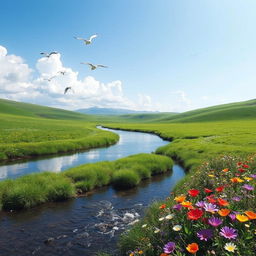 A serene landscape featuring a clear blue sky, lush green meadows, and a small, sparkling river flowing through the scene