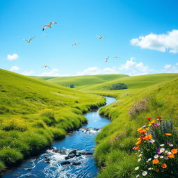 A serene landscape featuring a clear blue sky, lush green meadows, and a small, sparkling river flowing through the scene