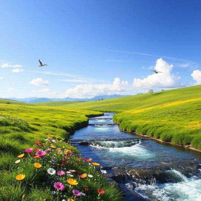 A serene landscape featuring a clear blue sky, lush green meadows, and a small, sparkling river flowing through the scene