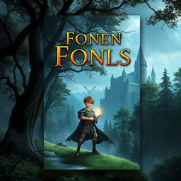 Create a captivating book cover with a mystical forest background, featuring an ancient castle in the distance and a young protagonist holding a glowing artifact