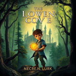 Create a captivating book cover with a mystical forest background, featuring an ancient castle in the distance and a young protagonist holding a glowing artifact