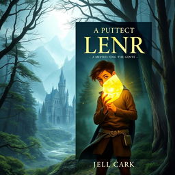 Create a captivating book cover with a mystical forest background, featuring an ancient castle in the distance and a young protagonist holding a glowing artifact