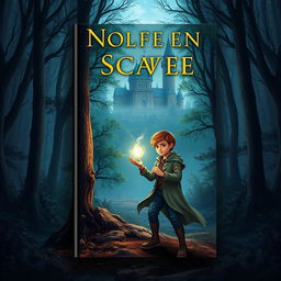 Create a captivating book cover with a mystical forest background, featuring an ancient castle in the distance and a young protagonist holding a glowing artifact