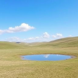 An empty and serene landscape, with a clear blue sky and a few fluffy clouds