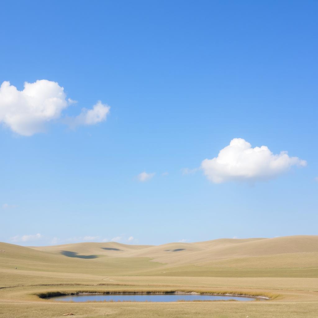 An empty and serene landscape, with a clear blue sky and a few fluffy clouds