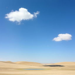 An empty and serene landscape, with a clear blue sky and a few fluffy clouds